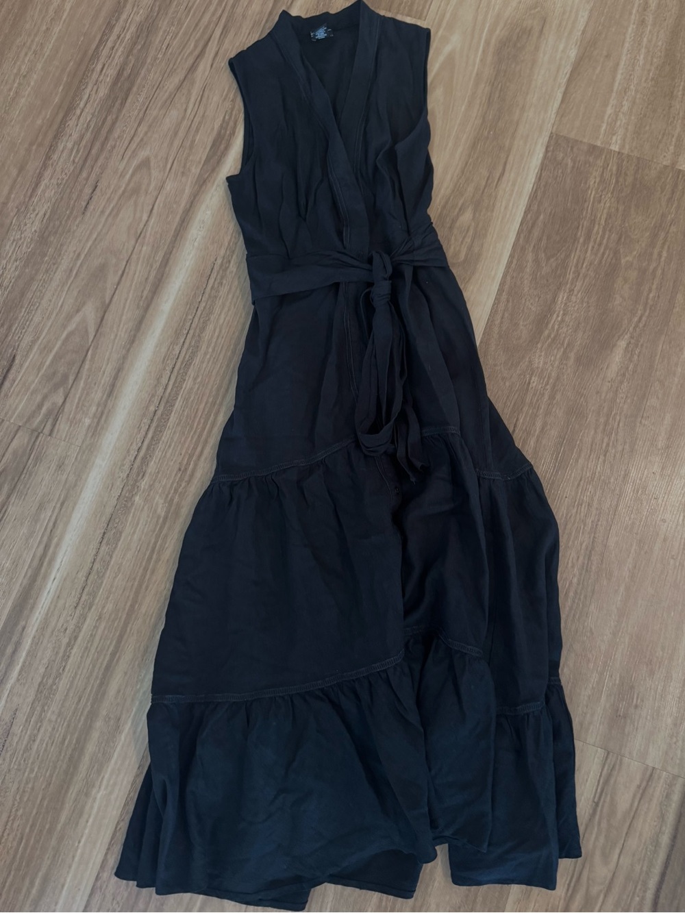 Nicole Miller Linen Blend Black Tiered Wrap Dress Waist Tie Size Small